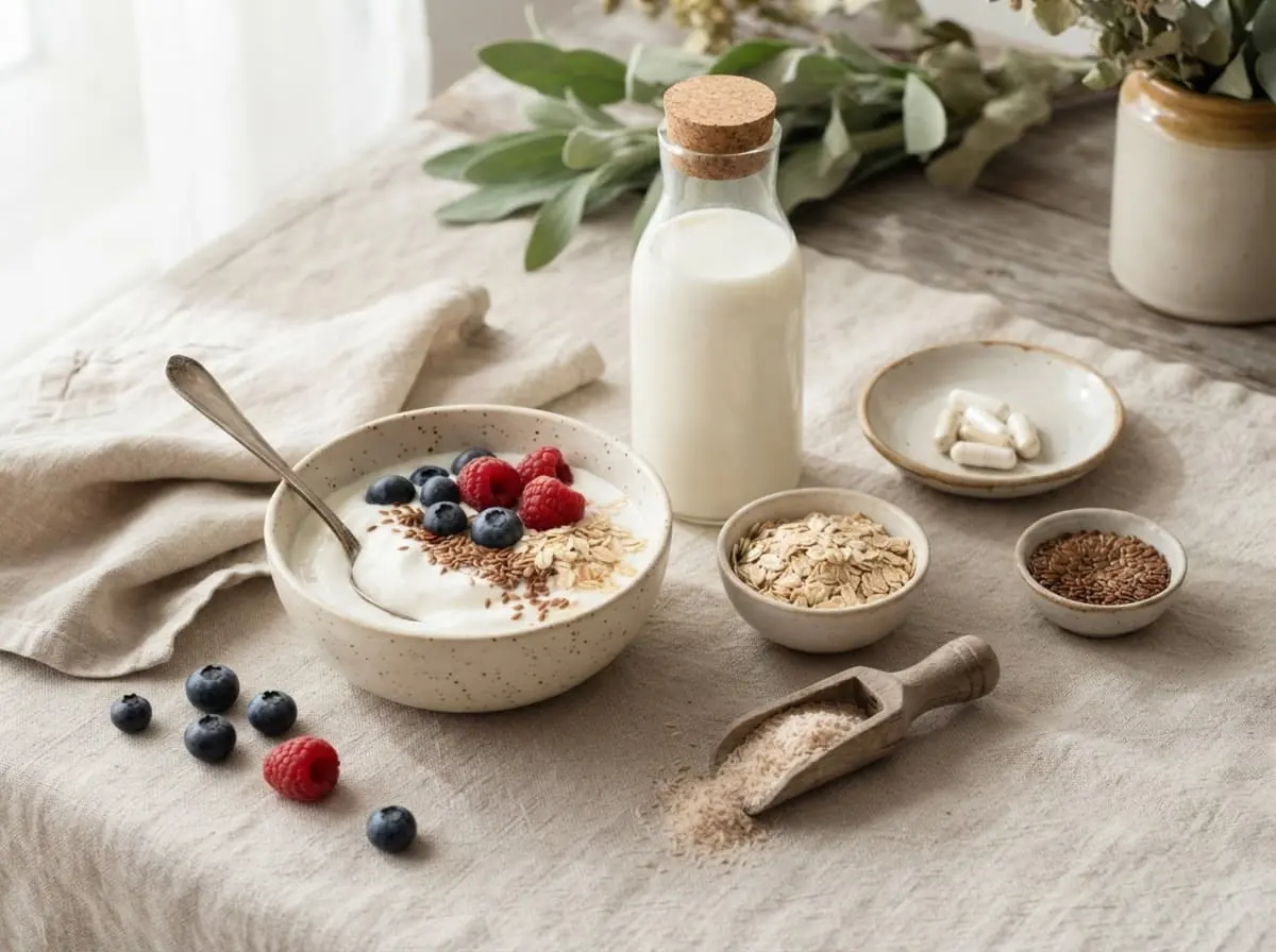 Petit-déjeuner de céréales, fruits rouges et lait sur une nappe en lin