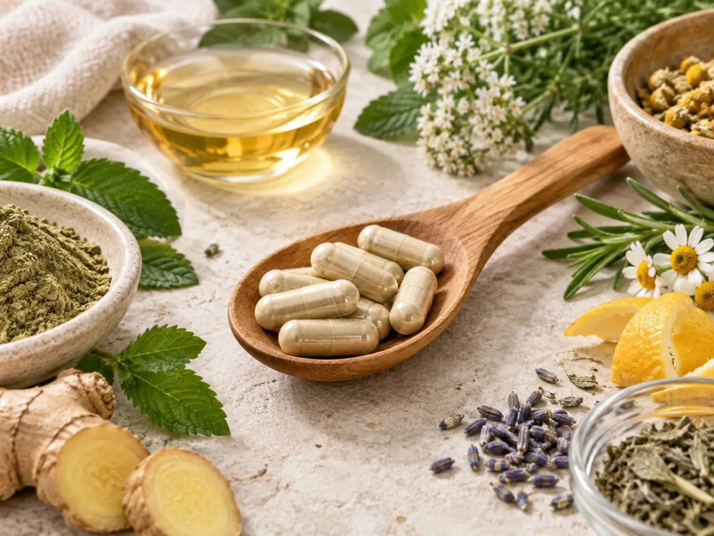 Gélules, plantes séchées et huiles sur une table en bois, composition d’un complément alimentaire