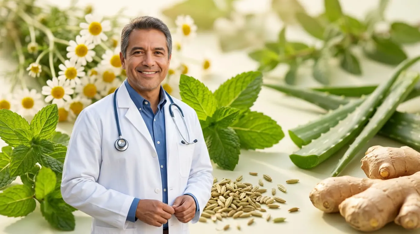 Professionnel de santé souriant entouré de plantes digestives