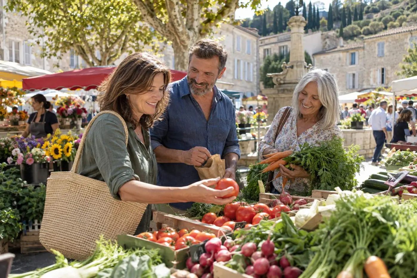Couple au marché provençal choisit des légumes frais
