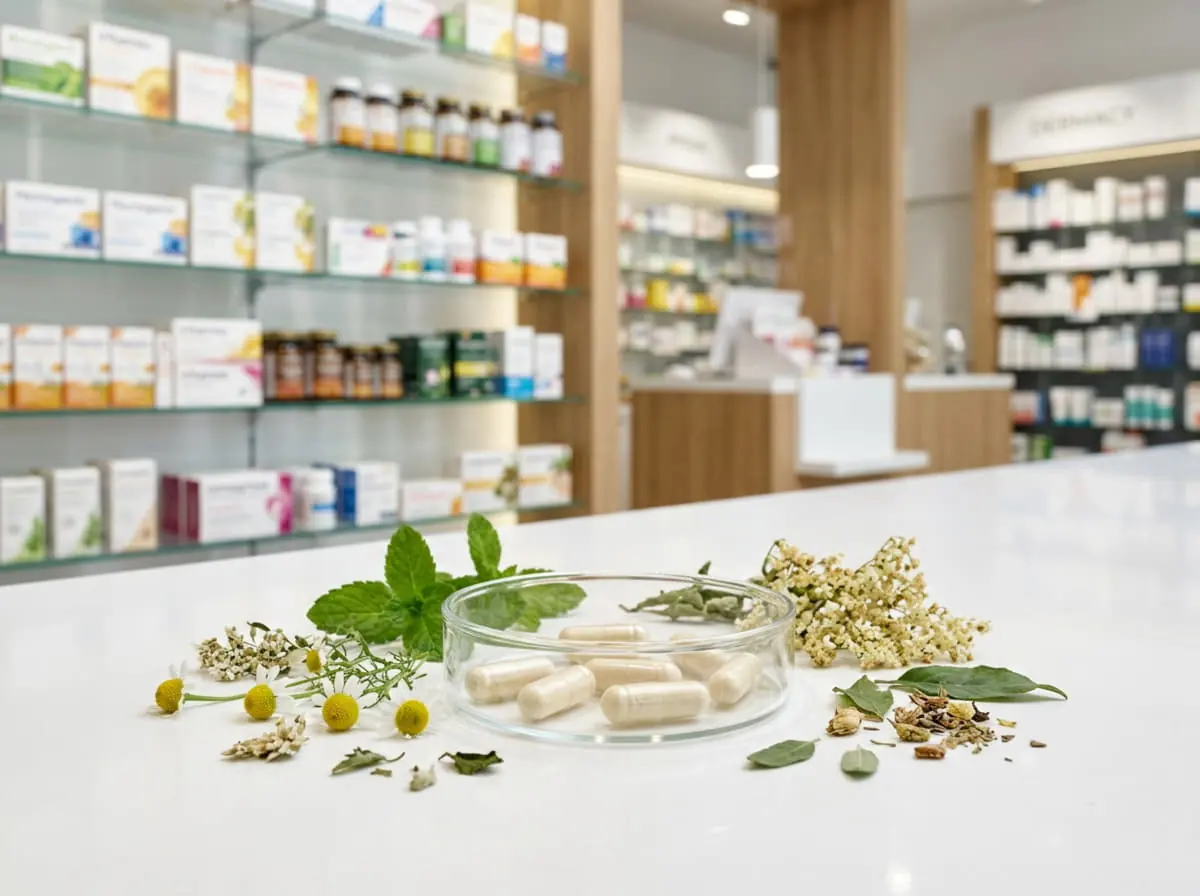 Comptoir de pharmacie avec plantes et gélules