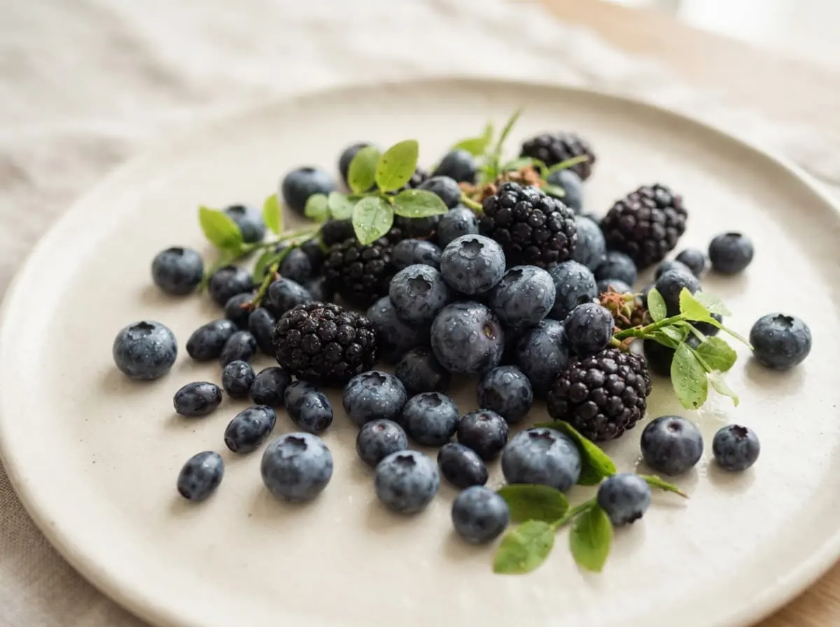 Myrtilles et mûres fraîches sur une assiette claire, petits fruits bleus riches en pigments