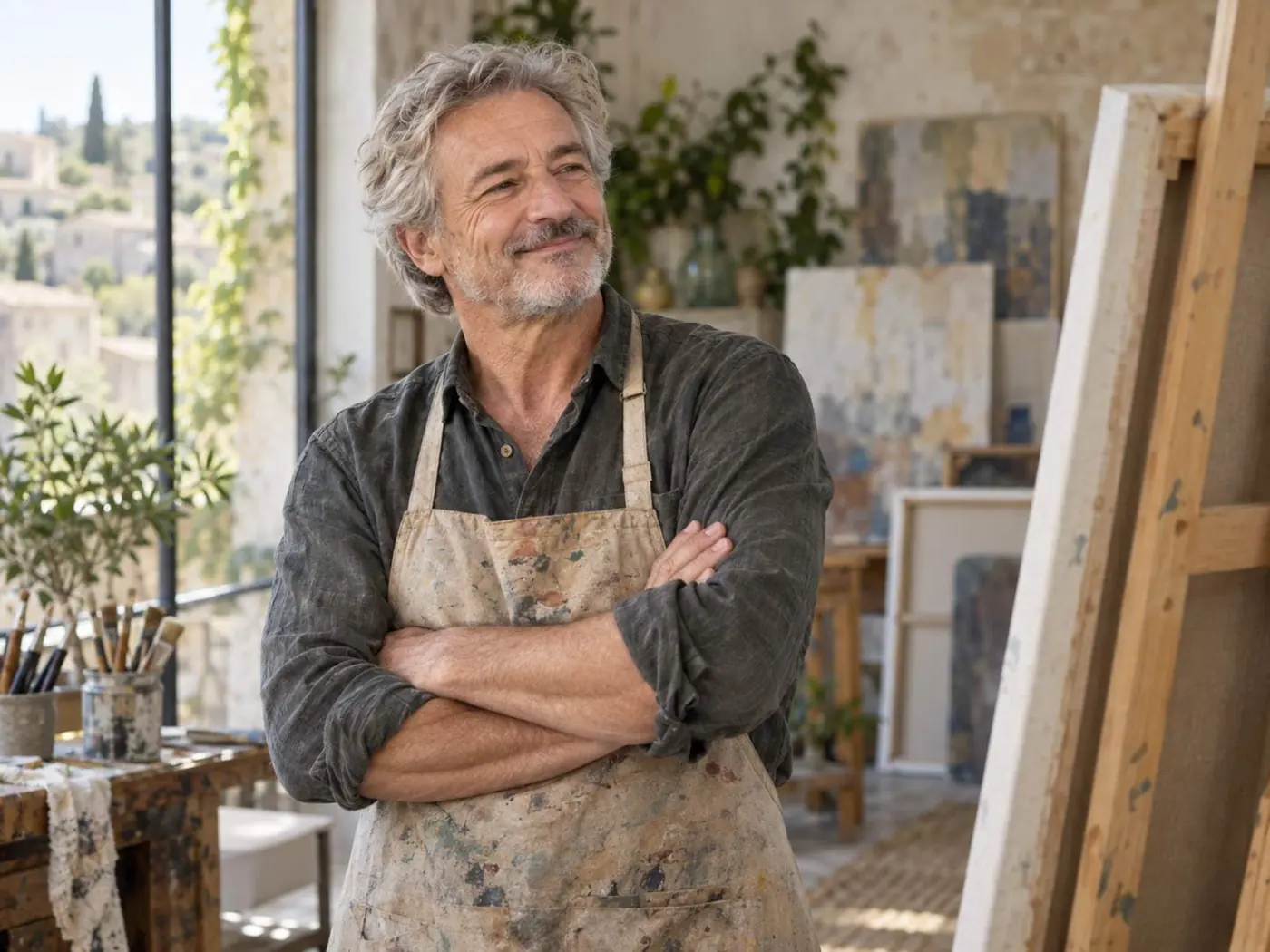 Artisan peintre souriant dans son atelier