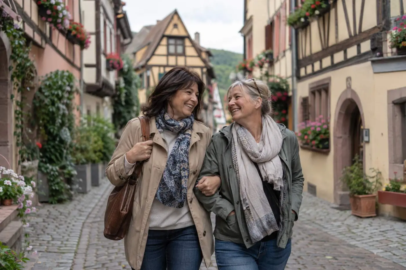 Couple en promenade dans un village alsacien