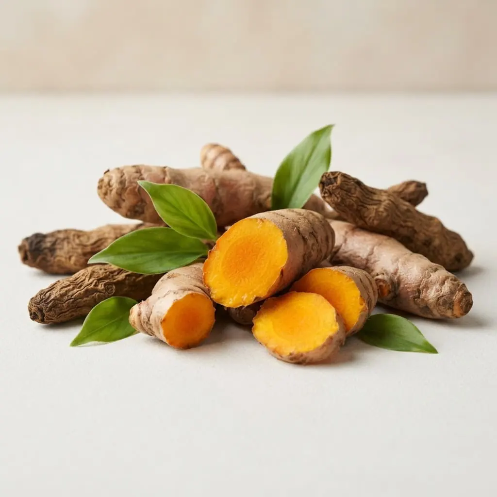 Racines de curcuma fraîches, coupées pour montrer leur chair orangée, avec quelques feuilles vertes
