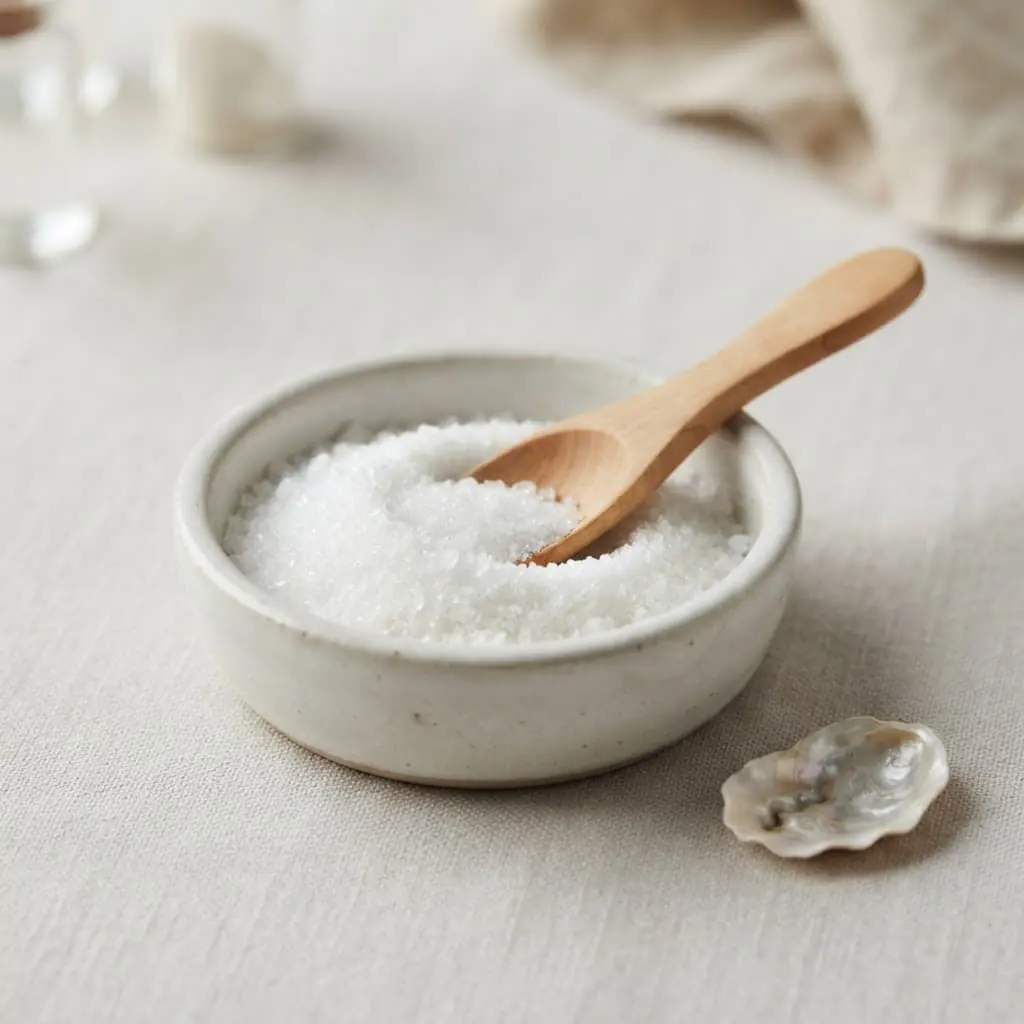 Poudre blanche de glucosamine dans un bol en céramique avec une cuillère en bois, à côté d’un coquillage