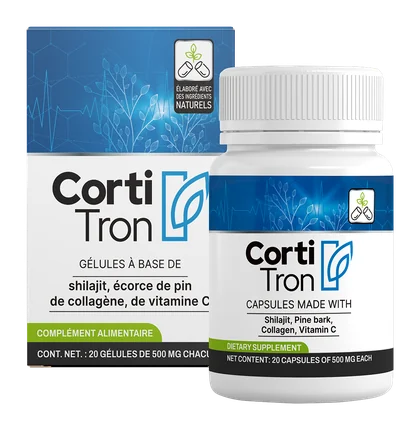 Cortitron – boîte et flacon de 20 gélules de 500 mg à base de shilajit, écorce de pin, collagène et vitamine C