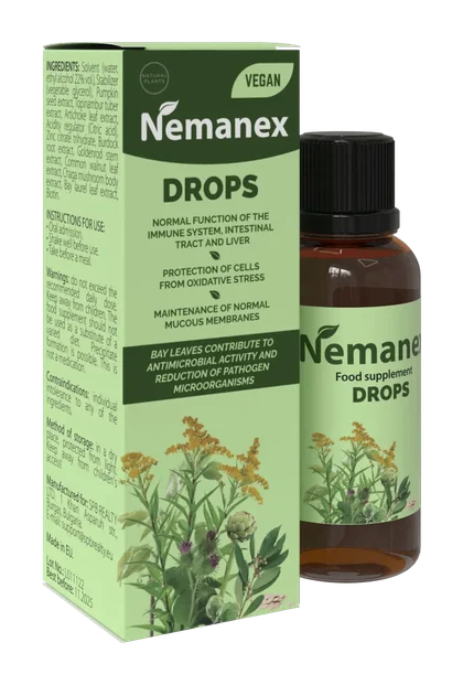 Nemanex – boîte et flacon de gouttes Nemanex Drops aux extraits de graines de courge, noyer, artichaut, bardane, laurier, zinc et biotine