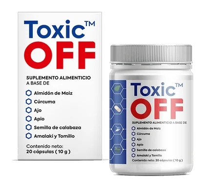 Toxic OFF – étui et flacon de 20 gélules, étiquette internationale en espagnol : curcuma, ail, céleri, graine de courge, amalaki et thym